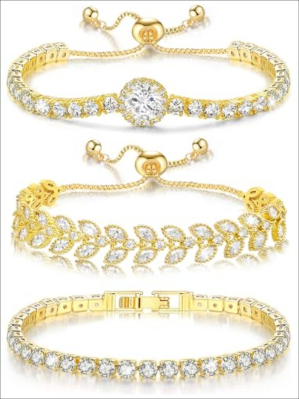 Cubic Zirconia Tennis Bracelet Set Gold Plated Adjustable Wristband